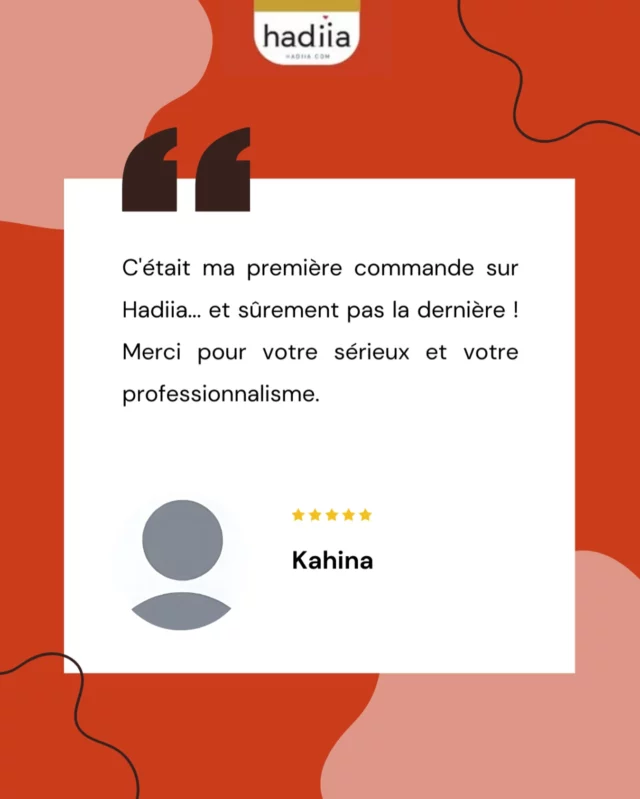 Votre témoignage est une source d’inspiration et de motivation pour nous.
Nous sommes ravis d’avoir pu contribuer à rendre votre expérience exceptionnelle.
Merci de faire partie de notre histoire et de permettre à notre service de briller à travers vos éloges. 
Votre satisfaction est notre plus grande récompense ! 🌟 
#MerciClient #SatisfactionAssurée
#NouvelAnVelouté #HadiiaCadeaux #HadiiaLiens #CadeauxDeLoin
#Hadiia  #LienInaltérable #LivraisonInternationale